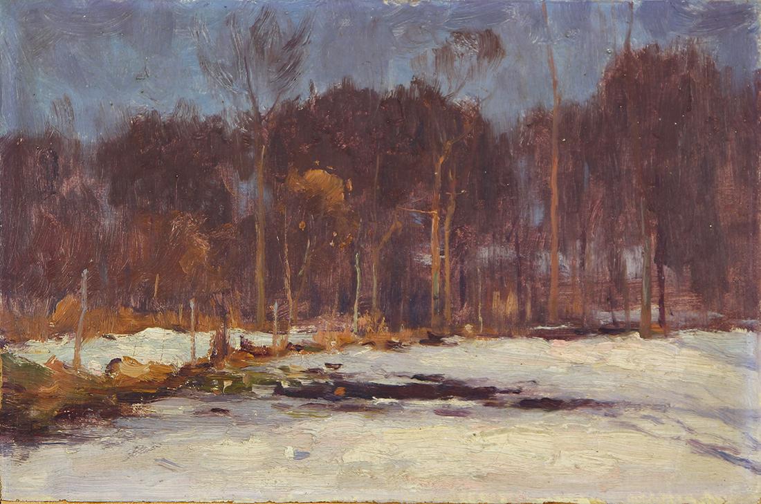 Painting, Gustav Wolff: Gustav Wolff (German/American, 1863-1935), Winter Woods, oil on canvas (laid down on board), unsigned, board (unframed): 8"h x 12"w