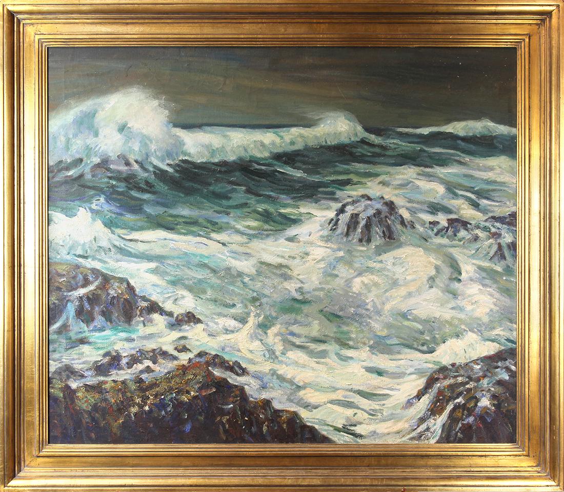 Painting, George Koch: George Joseph Koch (American, 1885-1951), Crashing Waves, oil on canvas, stamped "From the Estate of George Koch" verso, overall (with frame): 41.5"h x 47.5"w