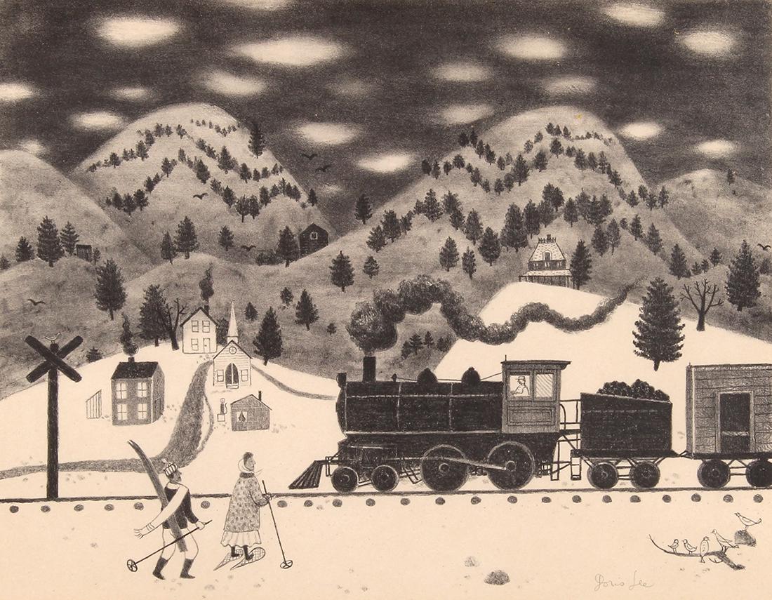 Print, Doris Emrick Lee: Doris Emrick Lee (American, 1905–1983), "Afternoon Train," lithograph, pencil signed lower right, AAA label verso, overall (with frame): 14.75"h x 18.75"w