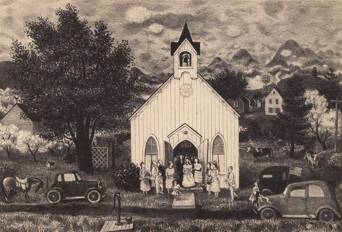 Print, Doris Emrick Lee: Doris Emrick Lee (American, 1905–1983), "Country Wedding," lithograph, pencil signed lower right, overall (with frame): 16"h x 21.25"w