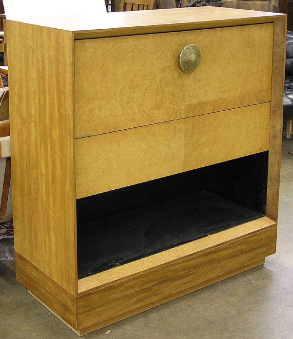 Gilbert Rohde Paldao Group desk Miller: Midcentury Modern Gilbert Rohde Paldao Group desk/cabinet, by Herman Miller, bird's eye maple, walnut and burl, the dropfront desk with large bronze knob, ebonized interior above open storage, in orig