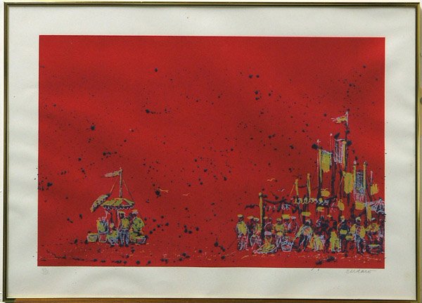 print Pascal Cucaro Californian: Framed serigraph, Figures at a Market, by Pascal Cucaro (Californian, 1915-2004) pencil signed Cucaro lower right, numbered 90/100, overall: 18''h x 25''w