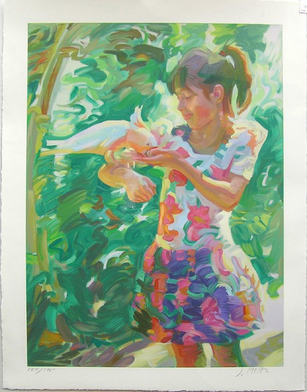 serigraph John Asaro Californian: Unframed serigraph, Young Girl with Cockatoo, by John Asaro (Californian, 1937-), pencil signed lower right, numbered 150/195, image: 31''h x 23''w, sheet: 35.5''h x 27.5''w. Condition: clean sheet; f