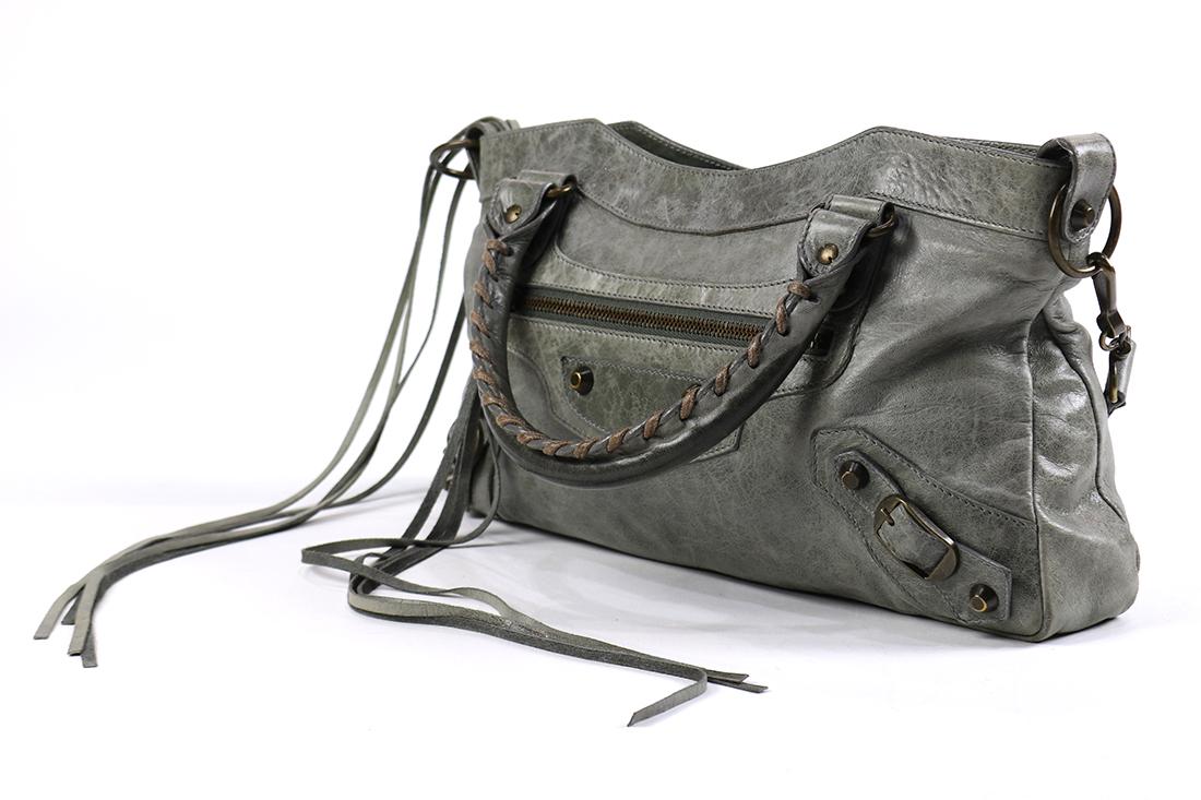 Balenciaga Arena First shoulder bag: Balenciaga Arena First shoulder bag, executed in grey calf leather, and aged brass, retains strap and mirror