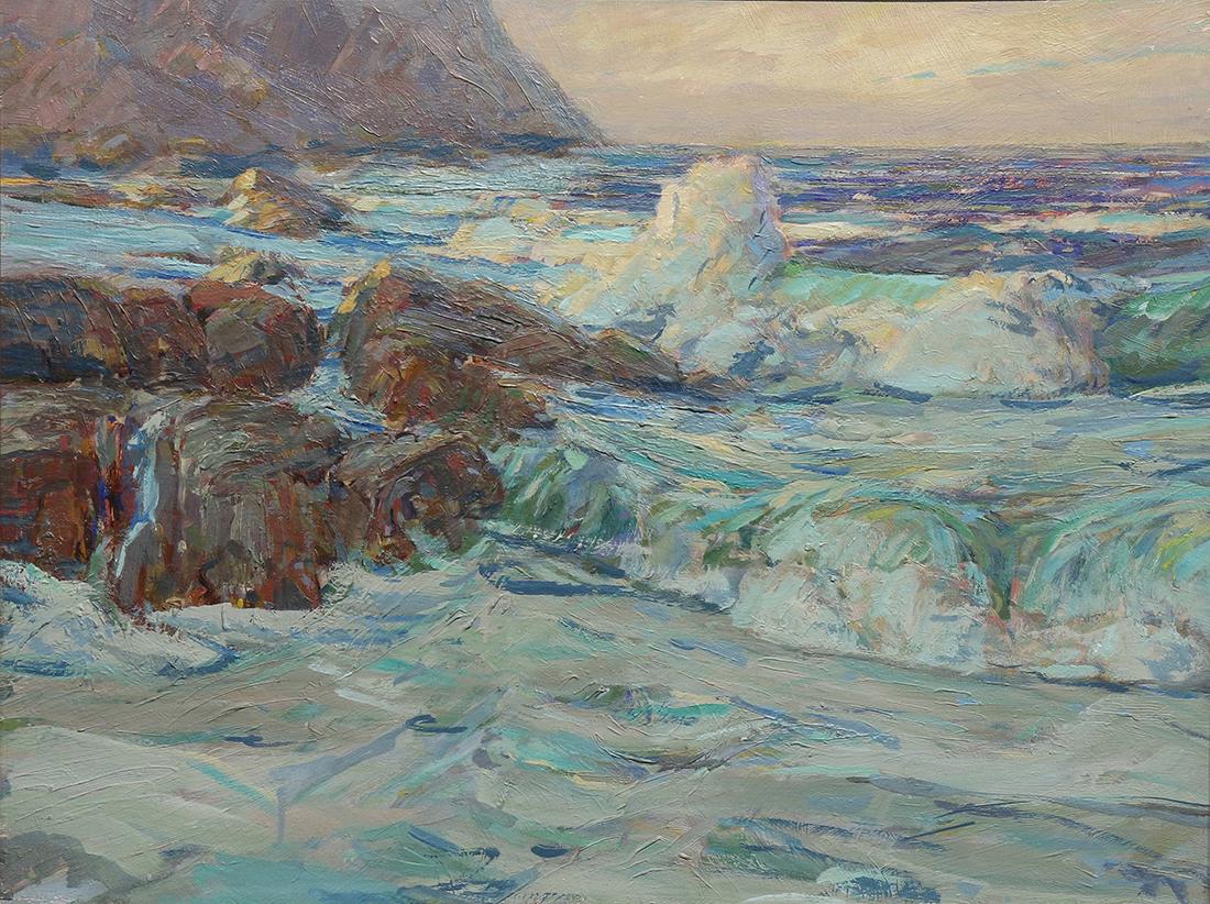 Paiting, Karl Schmidt: Karl Schmidt (American, 1890-1962), Untitled (Seascape), oil on panel, museum inventory affixed verso, panel: 18"h x 23.5"w, overall (with frame): 22"h x 27.5"h. Provenance: Sale to Benefit the Oaklan