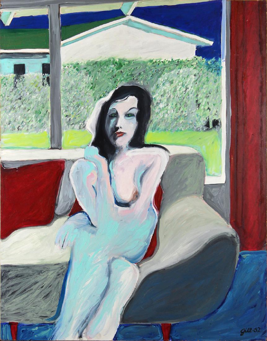 Painting, James Gill: James Gill (American, b. 1934), "The Nude," 1962, oil on masonite, signed and dated lower right, gallery label (Felix Landau Gallery, Los Angeles, CA) affixed verso, overall (unframed): 38.5"h x 30"w