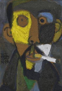 Painting, Dang Xuan Hoa: Dang Xuan Hoa (Vietnamese, b 1959), Self Portrait, 1997, oil on masonite, signed and dated center left, masonite: 9.5"h x 6.25"w, overall (with frame): 20"h x 16.5"w