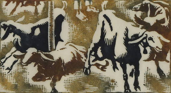 Print, Weaver Hawkins Raokins: Weaver Hawkins Raokins (Australian, 1893-1977), "Maltese Goats," linocut in colors, pencil signed lower right, titled lower left, image: 3"h x 5.75"w, overall (with frame): 11"h x 13"w