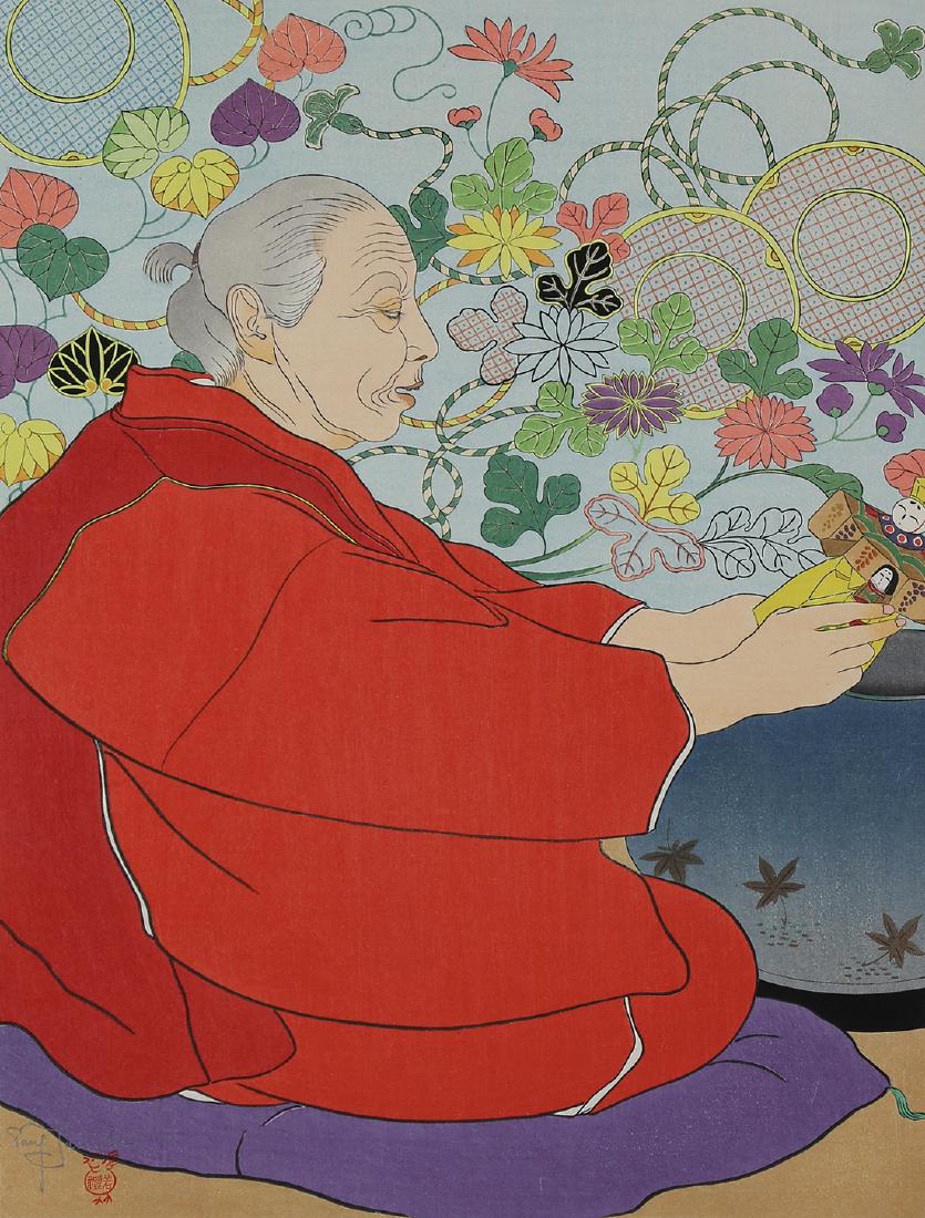 Print, Paul Jacoulet: Paul Jacoulet (French/Japanese, 1902-1960), "Souveniers d' Autrefois" 1941, woodblock print in colors, pencil signed lower left, with Sparrow seal carved by Kentaro Maeda and printed by Fusachi Ogawa,