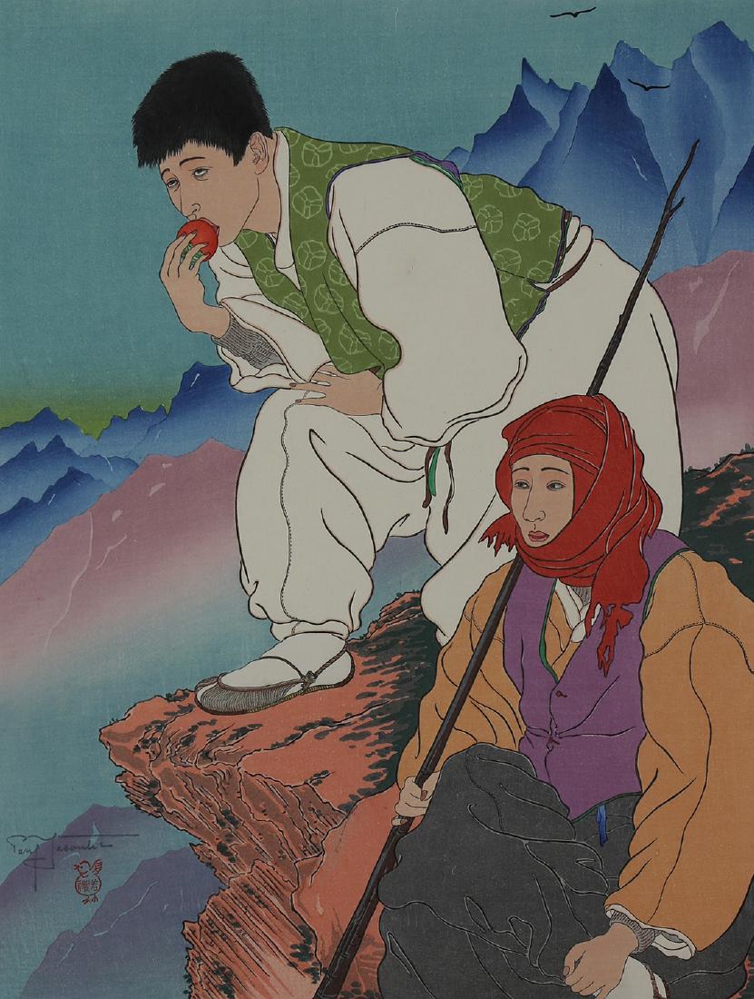 Print, Paul Jacoulet: Paul Jacoulet (French/Japanese, 1902-1960), "Bergers des Hautes Montagnes, Coree," 1941, woodblock print, pencil signed lower left, printer's stamp lower right, edition 114/350, image: 15.5"h x 11.75"