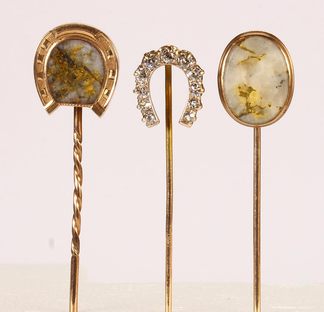 Diamond, gold-in-quartz and gold stick pins (1 of 2)