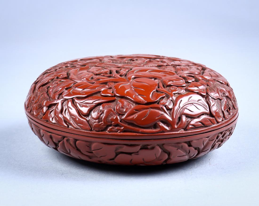 Chinese Cinnabar Lacquer Circular Box, Camellia (1 of 3)