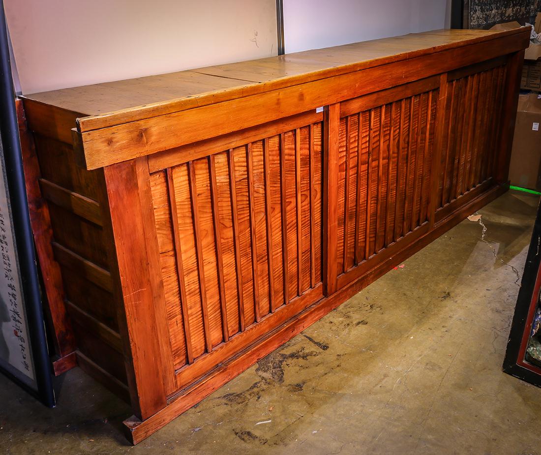 Japanese Futon Tansu: Japanese futon tansu, three sliding doors comprising two shelves to the interior, approx. 38"h x 107"w x 20"d