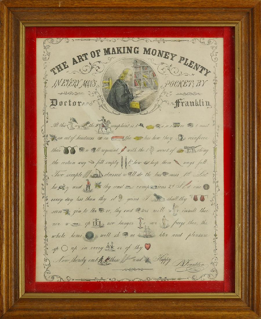 Framed hand colored print, "The act of making money (1 of 2)