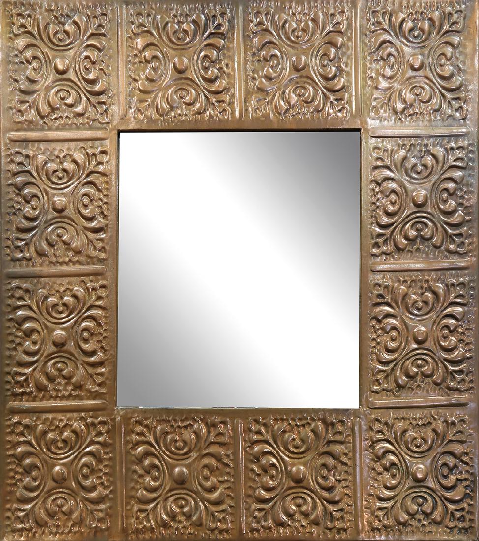Copper wall mirror, of square form, the fame decorated (1 of 2)