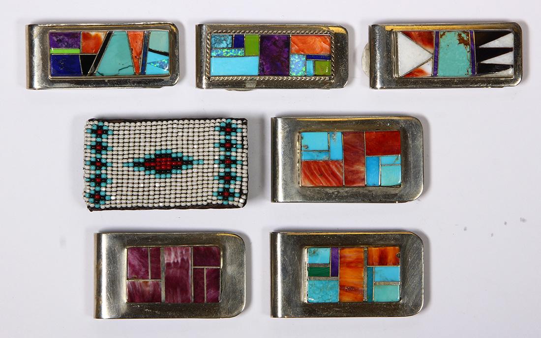 (Lot of 7) Multi-stone, glass bead and metal money: (Lot of 7) Multi-stone, glass bead and metal money clips Including 6) shell, lavalite, lapis lazuli, spiny oyster, verisite, synthetic opal, glass and metal money clip, measuring approximately 47 X 19
