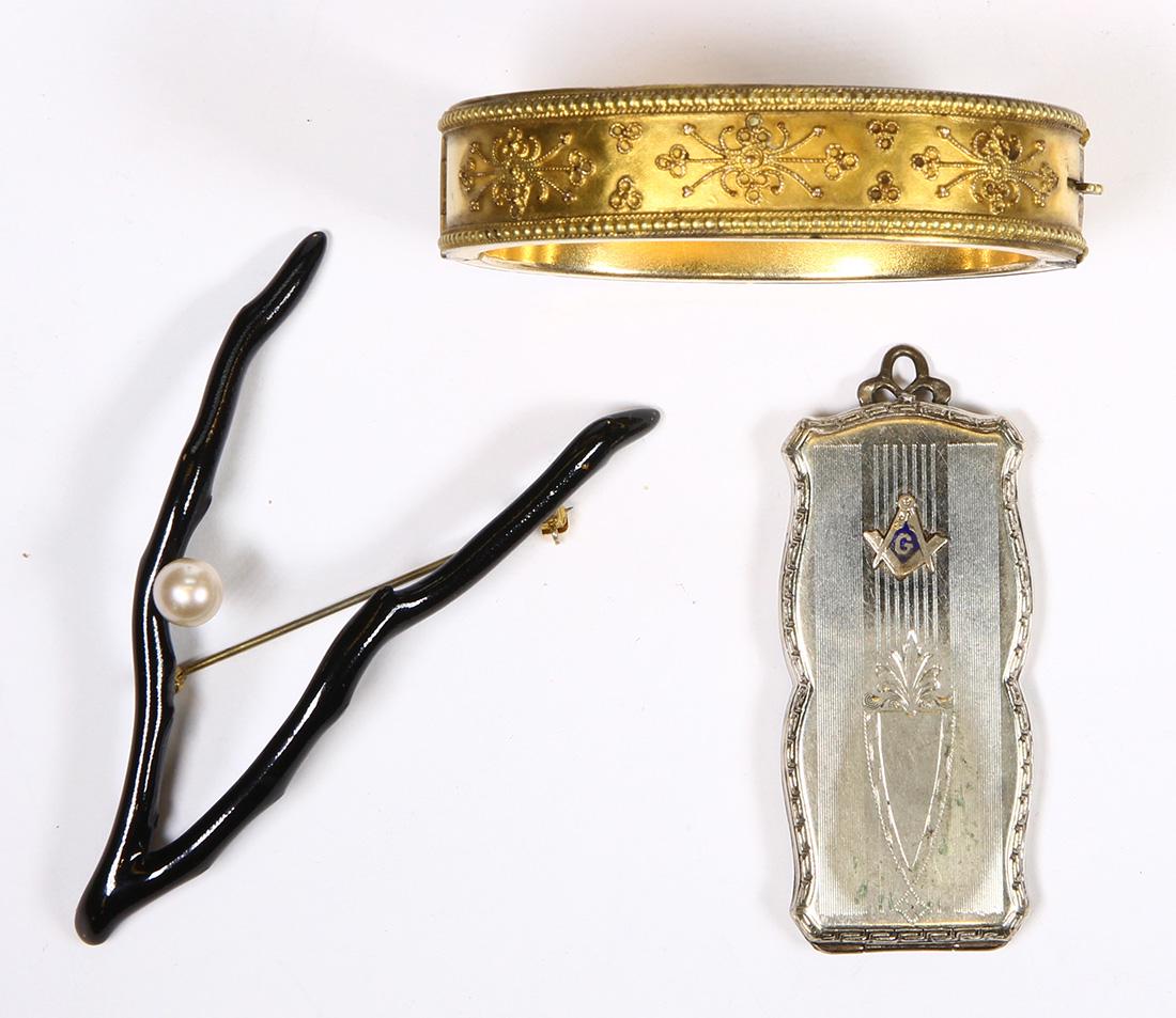 (Lot of 3) Victorian black coral, cultured pearl, (1 of 2)