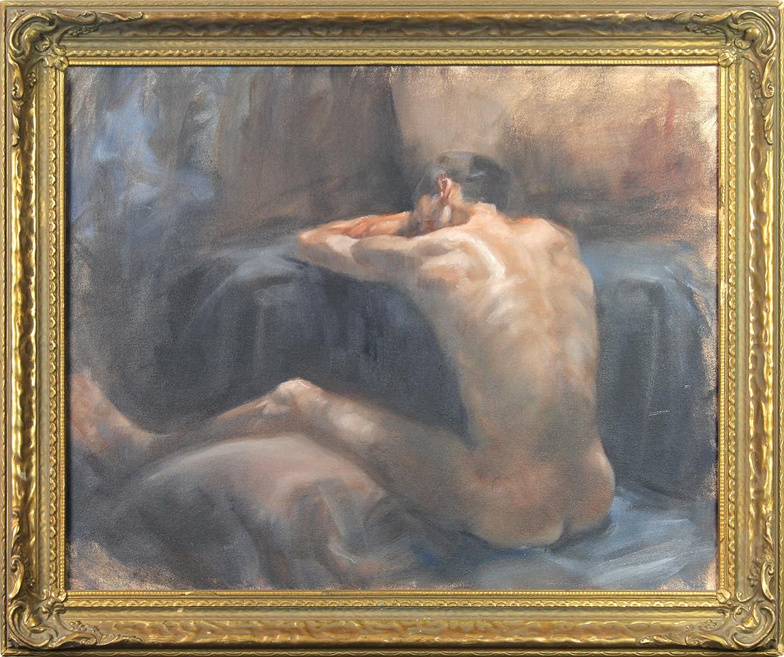 Painting, Manner of Thomas Eakins: Manner of Thomas Eakins (American, 1844-1916), Nude Male, oil on canvas, unsigned, 20th century, overall (with frame): 19.5"h x 23.5"w