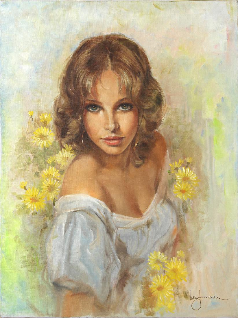 Painting, Leo Jansen: Leo Jansen (American, 1930-1980), Woman with Daisies, oil on canvas, signed lower right, artist's stamp verso, canvas (unframed): 24"h x 18"w