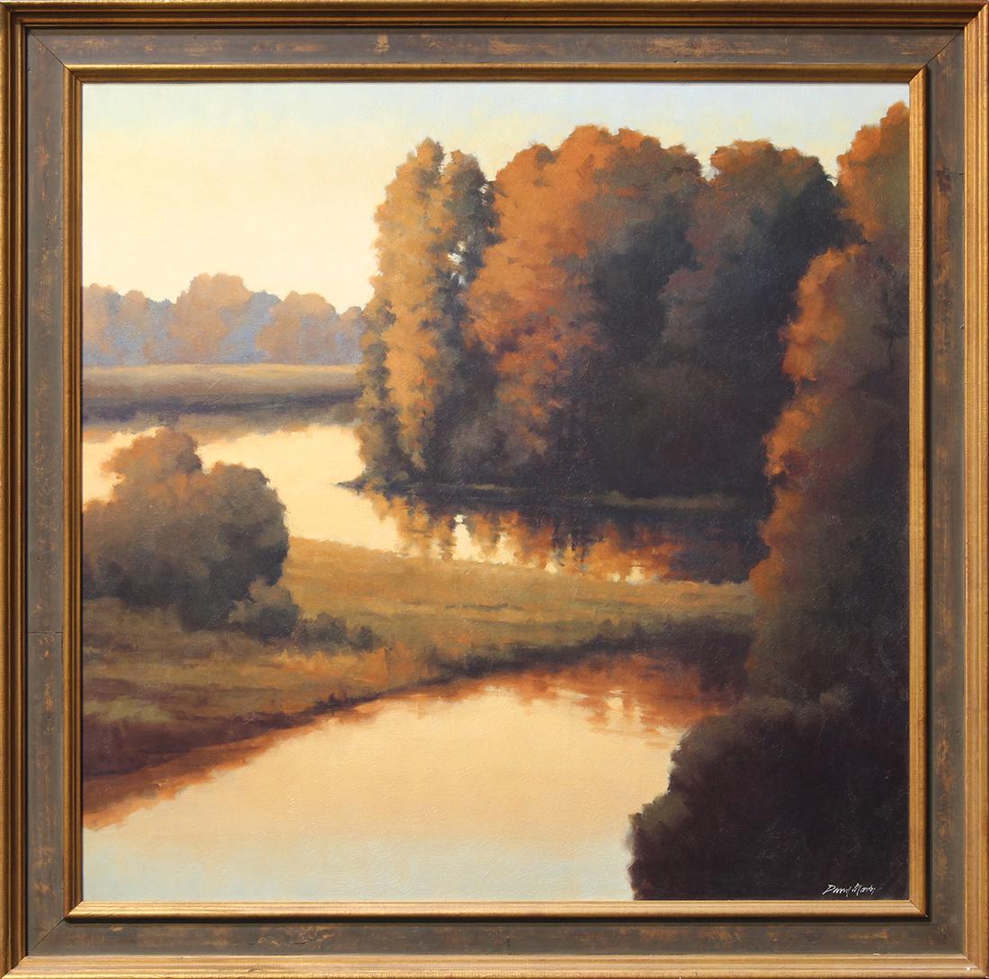 Painting, Autumn River Landscape: Autumn River Landscape, oil on canvas, signed "David Martin" lower right, 20th century, overall (with frame): 42.5"h x 42"w