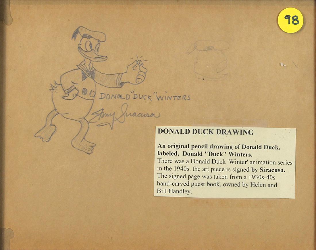 Cartoon, Donald ‘Duck’ Winters: “Donald ‘Duck’ Winters," graphite on brown paper, signed "Tony Siracusa" and titled upper left, overall (with frame): 14.5"h x 16.25"w