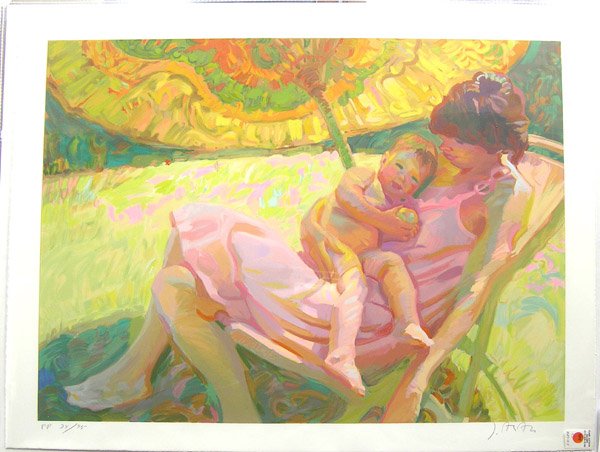 serigraph John Asaro Californian: Unframed serigraph, Mother and Child on a Chaise Lounge, by John Asaro (Californian, 1937-), pencil signed lower right, numbered HC.5/20, image: 24''h x 31 3/4''w, sheet: 28''h x 36''w. Condition: cle