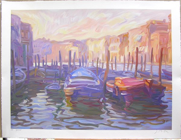 serigraph John Asaro Californian: Unframed serigraph, Boats in a Harbor, by John Asaro (Californian, 1937-), pencil signed lower right, numbered HC 19/25, image: 30''h x 39.5''w, sheet: 34.5''h x 44''w. Condition: clean sheet; full ma