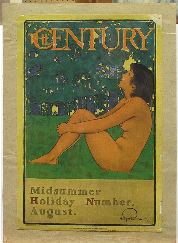 Lithograph, Maxfield Parrish, Vintage: Unframed vintage color lithograph, The Century Midsummer Holiday Number, designed by Maxfield Parrish, dated 1897, sheet: 19.5''H x 13.25''W. Condition: Linen backed, some paper losses, California Sch