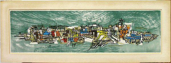 Woodblock print, Seong Moy, American: Unframed woodblock print, ''Floating Island,'' by Seong Moy (American 1921-), pencil signed lower right, titled lower left, edition 175/200, plate: 9.25''h x 33.5''w