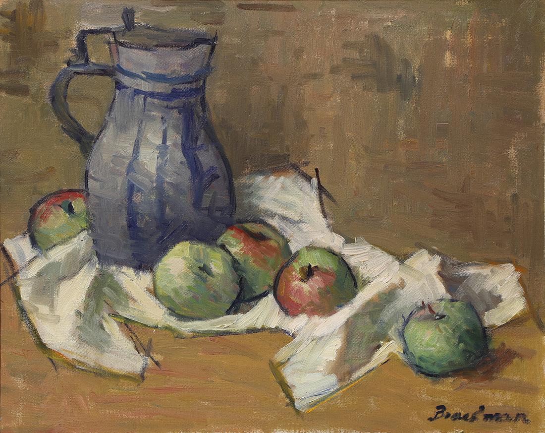 Painting, Robert Brackman: Robert Brackman (American, 1898-1980), Still Life with Apples and Pitcher, oil on canvas, signed lower right, canvas: 16"h x 20"w, overall (with frame): 21"h x 25"w