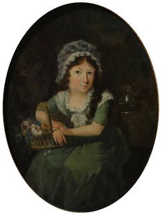 Attributed to Sir William Beechey: Attributed to Sir William Beechey (British, 1753-1839), Lady with a Bonnet and Goldfish Bowl, oil on panel, panel: 12"h x 9"w, overall (with frame): 13.5"h x 10.5"w