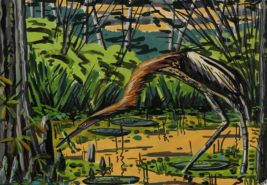 Work on paper, David Bates: David Bates (American, b 1952), "Green Heron," 1989, gouache on paper, signed lower right, signed, titled, and dated verso, gallery label (John Berggruen Gallery, San Francisco, CA) affixed verso, ima