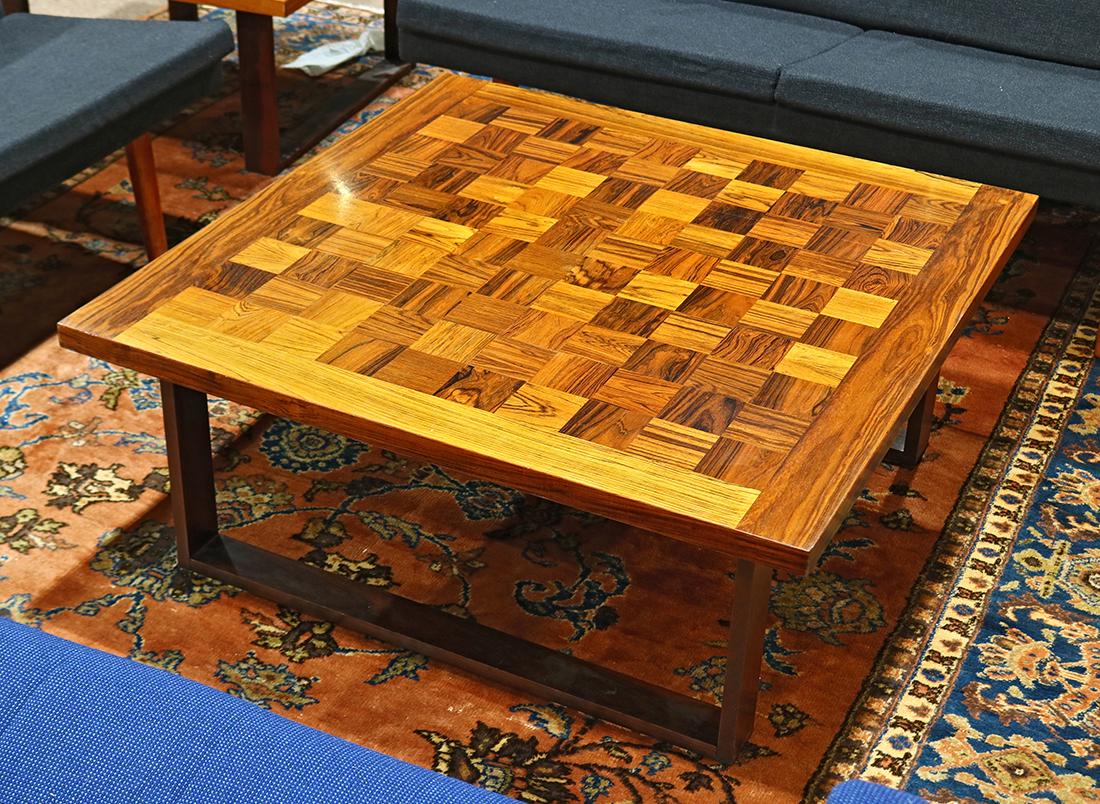 Arne Vodder for France & Son checkerboard parquetry: Arne Vodder for France & Son checkerboard parquetry cocktail table, having a rectangular top, above rectangular legs, 16"h x 37.5"w x 38"d