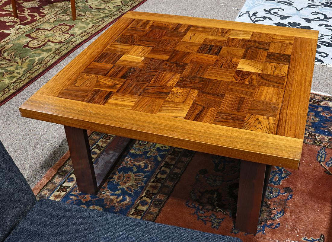 Arne Vodder for France & Son checkerboard parquetry: Arne Vodder for France & Son checkerboard parquetry cocktail table, having a rectangular top, above rectangular legs, 15.5"h x 31.5" x 31.5"