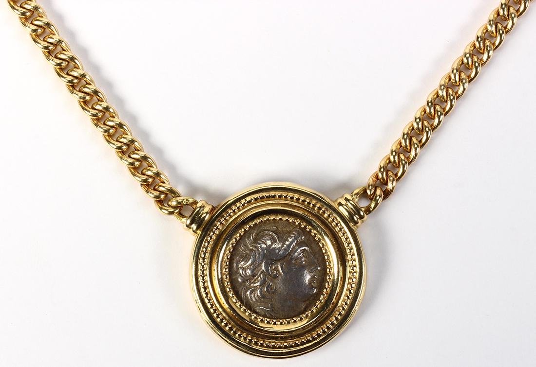 Silver coin form, 14k yellow gold pendant-necklace (1 of 2)