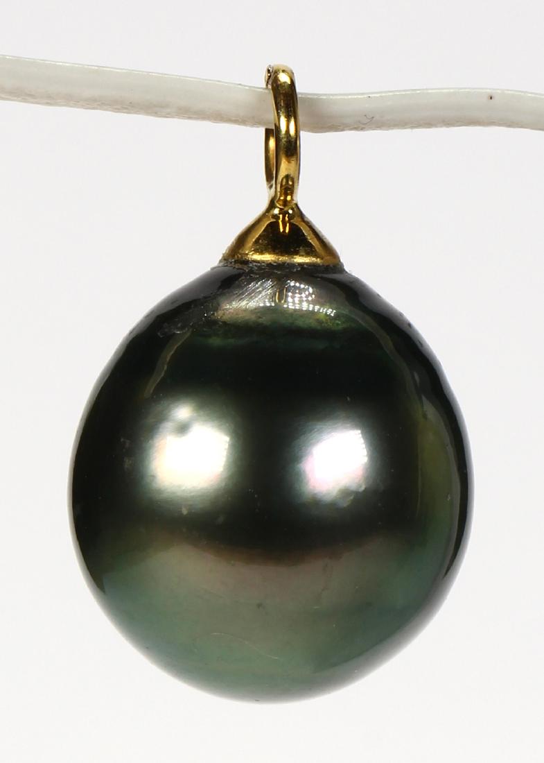 Tahitian cultured pearl and 14k yellow gold pendant: Tahitian cultured pearl and 14k yellow gold pendant Featuring (1) grey Tahitian cultured pearl, measuring approximately 15 X 14 mm, set in a 14k yellow gold bail, gross weight 4.64 grams