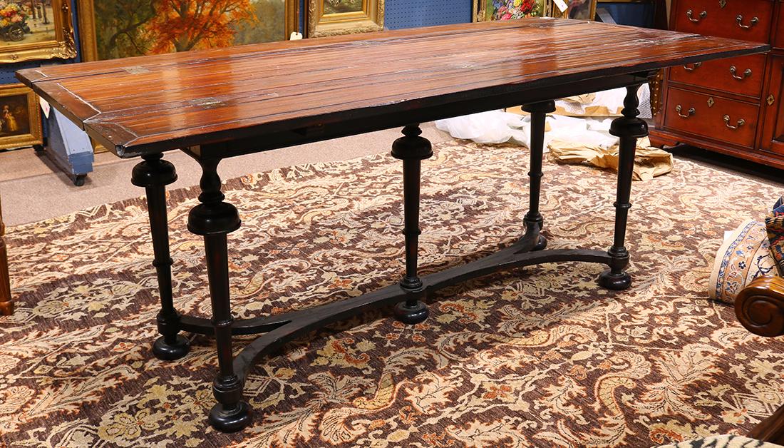Jacobean style mahogany drop leaf trestle table, having (1 of 3)