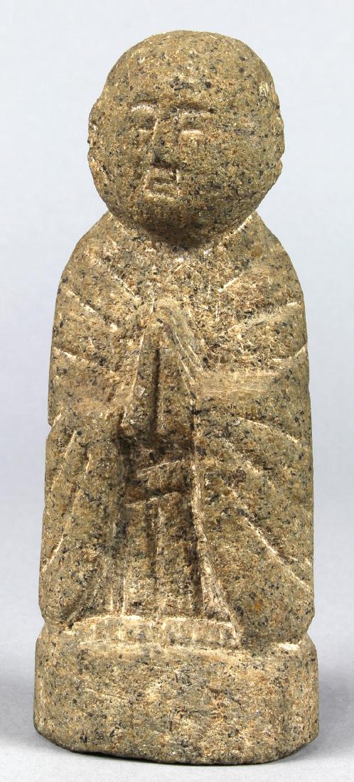 Japanese Stone Jizo Bosatsu: Japanese stone Jizo Bosatsu, Buddhist protector of children and travellers, standing and praying, 6.25"h