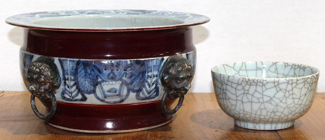 Chinese Red and Underglaze Blue Censer, Crackle Glaze (1 of 6)