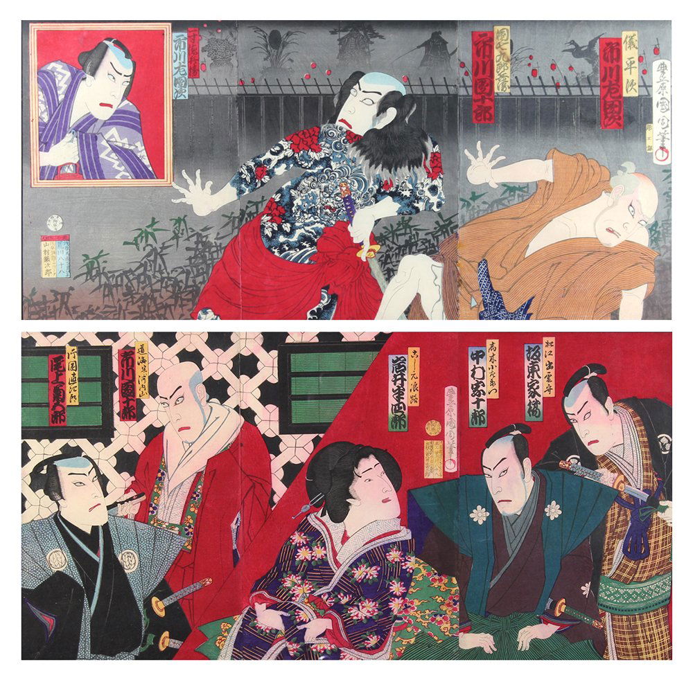 Japanese Woodblock Triptych Prints, Toyohara Kunichika,: (lot of 2) Toyohara Kunichika (Japanese, 1835-1900), 19th century, woodblock prints, triptychs: both depicting scenes from kabuki plays with the signatures, actors' roles and names including Ichikawa