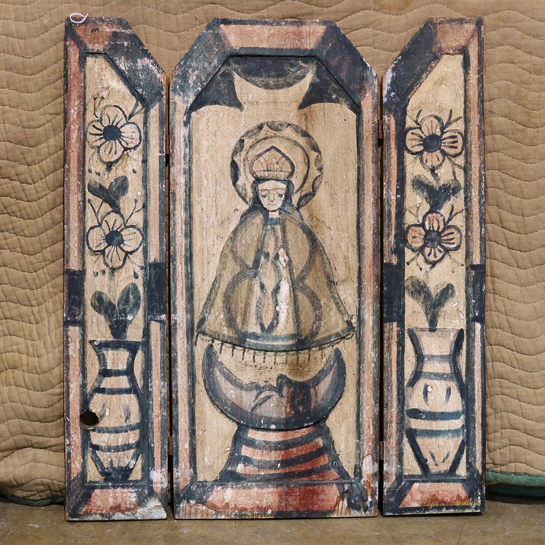 New Mexican three panel folk art carving of Madonna and (1 of 3)