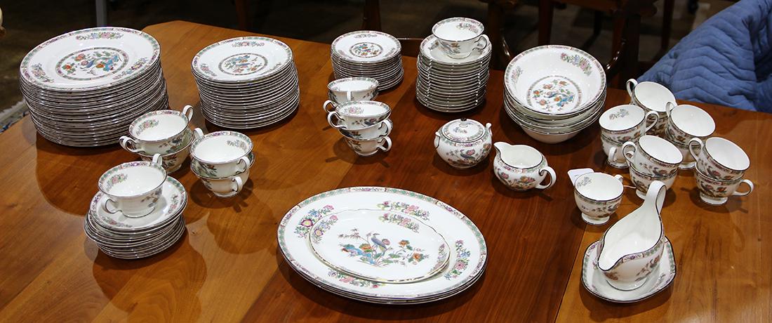 Wedgwood porcelain service: (lot of approx. 92) Wedgwood porcelain service, in the "Kutani Crane" pattern, consisting of (18) dinner plates, 10.75"dia.; (18) salad plates, (14) bread plates, (5) consomme bowls, (10) under-plates