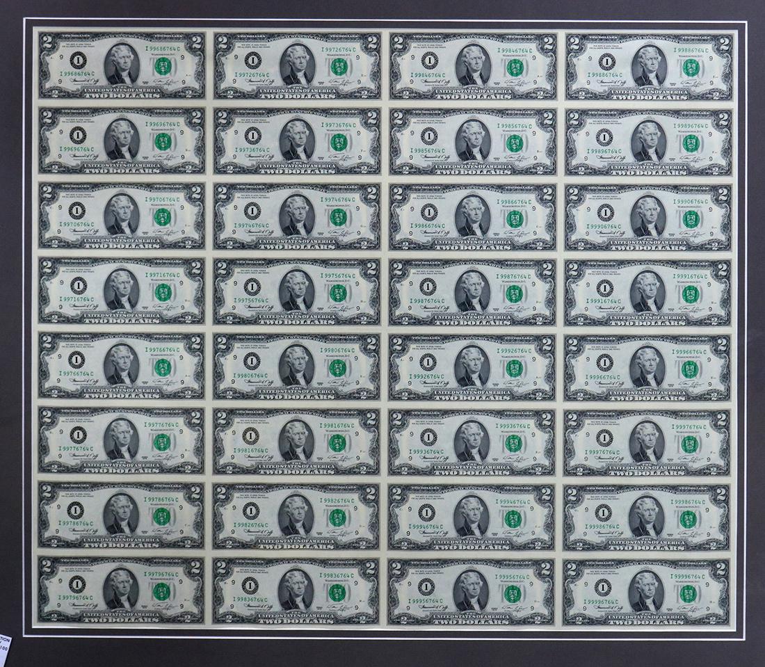 Uncut sheet of United States Two Dollar bills series: Uncut sheet of United States Two Dollar bills series 1976, consisting of 32 notes framed, 27.5"h x 31.5"w
