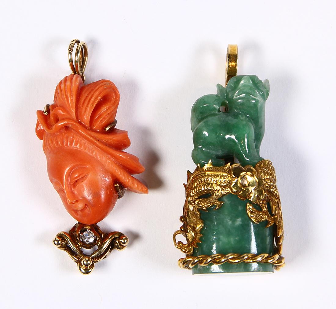 Coral, jade, diamond and 14k yellow gold pendants (1 of 2)