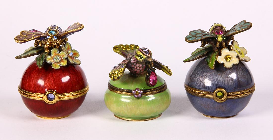 Jay Strongwater enamel, plastic and metal boxes: (Lot of 3) Jay Strongwater enamel, plastic and metal boxes Including 2) plastic stone, bee and flower hinged, polychrome enamel and metal boxes, measuring approximately 40 X 31 mm; together with 1) pl
