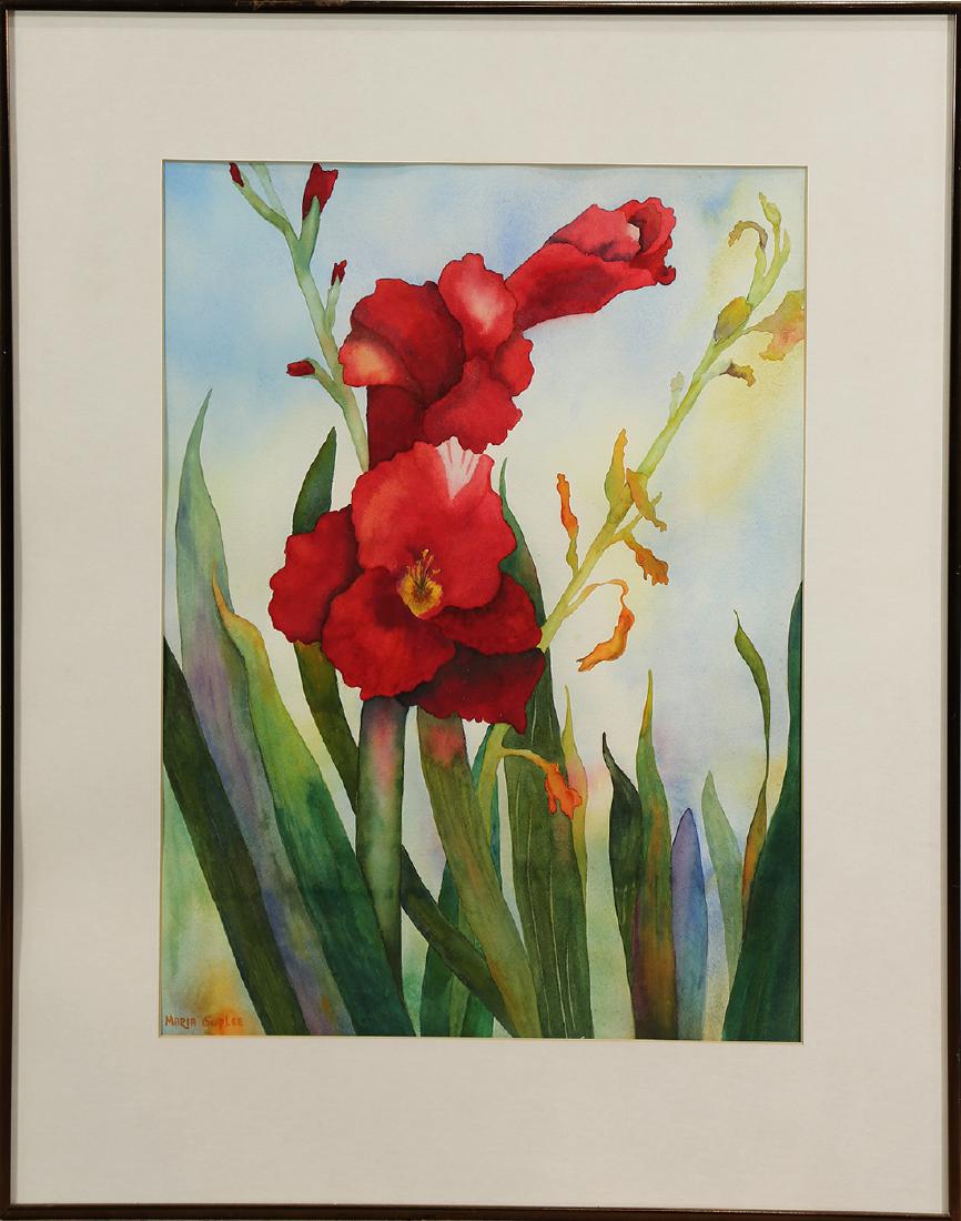 Red Irises, watercolor: Red Irises, watercolor, signed "Maria Guplee" lower left, 20th century, overall (with frame): 28.5"h x 22.5"w