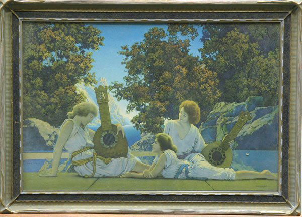 prints Maxfield Parrish Hilltop, Lute: (lot of 2) Framed antique prints: The Lute Players, after Maxfield Parrish, printed by the House of Art, N.Y., overall: 14.5''h x 20.25''w; ''Hilltop,'' after Maxfield Parrish, printed by the House of
