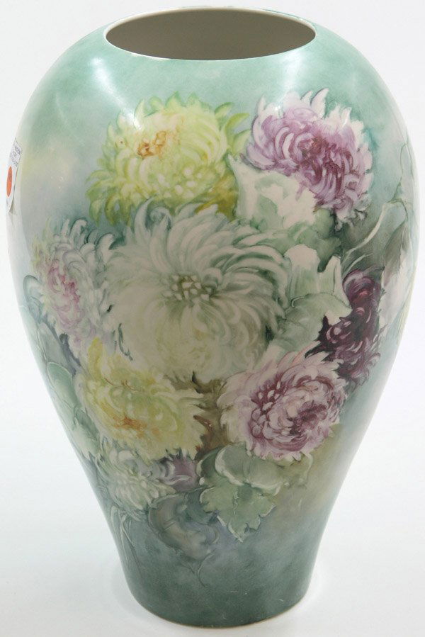 Chrysanthemum hand painted vase: Large chrysanthemum floral motif hand painted vase in the style of Franz Bischoff, unsigned, on Belleek Willets (marked on base) blank, three drain holes in the making, 16''h