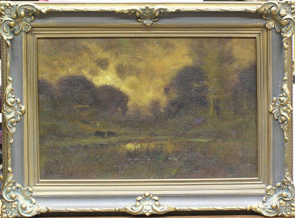 Painting, William Keith, Californian: Framed oil on canvas, Cows Grazing at Dusk, by William Keith (Californian, 1838-1911), signed lower left, sight: 12''h x 18''w, overall: 17''h x 23''w
