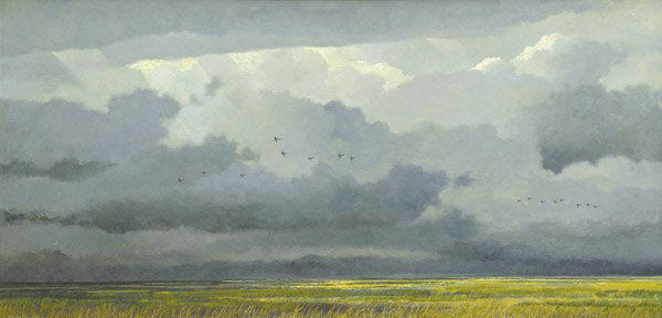 Painting, Eric Sloane, American: Framed oil on board, ''Wetlands,'' by Eric Sloane (American 1905-1985), signed lower left, titled verso, sight: 24''H x 48''W, overall: 25.25''H x 49''W